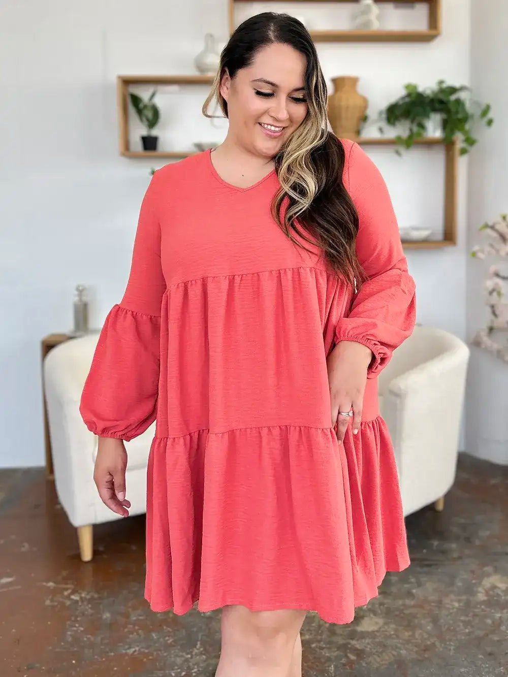 V - Neck Tiered Dress with Balloon Sleeves and Pockets - Bela Fils BoutiqueBela Fils Boutique